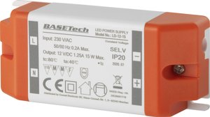 Basetech LD-12-15 Transformator LED  Stałonapięciowy 15 W 1.25 A  Możlowość stosowania w meblach, Zabezpieczenie przed przepięciem, Montaż w strefach zagrożonych wybuchem 1 szt.