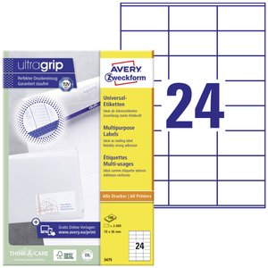 Avery-Zweckform 3475 Etykieta uniwersalna 70 x 36 mm Papier biały 2400 szt. Trwały Drukarka atramentowa, Drukarka Laserowa, Drukarka Laserowa, kolorowa, Kopiarka, Drukarka z funkcją kopiowania w kolorze, Drukarka etykiet