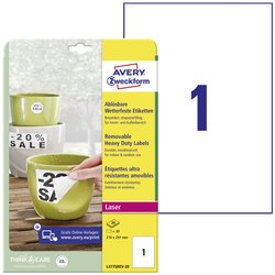 Avery-Zweckform L4775REV-20 Etykiety foliowe 210 x 297 mm Folia biały 20 szt. Z możliwością usunięcia Drukarka Laserowa, kolorowa, Drukarka Laserowa, Drukarka z funkcją kopiowania w kolorze, Kopiarka, Drukarka etykiet