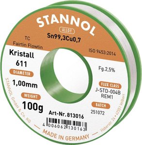 Drut do lutowania miękkiego Stannol Kristall 611 ze stopu Flowtin TC Sn99Cu1 o zawartości topnika 2,5% o średnicy 1,0 mm na szpuli 100g Cyna lutownicza bezołowiowa Stannol Kristall 611 Fairtin bezołowiowa Sn99,3Cu0,7 REM1 100 g 1 mm