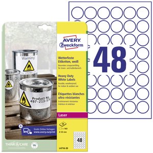 Avery-Zweckform L4716-20 Etykiety foliowe Ø 30 mm Folia poliestrowa biały 960 szt. Trwały Drukarka Laserowa, kolorowa, Drukarka Laserowa, Drukarka z funkcją kopiowania w kolorze, Kopiarka, Drukarka etykiet