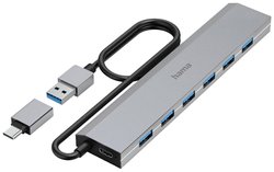 Hub USB Hama, 7 portów, USB 3.2 Gen1, 5 Gbit/s, z adapterem USB-C i zasilaczem Hub USB 3.2 Gen 1 Hama  7 Portów z wtyczką USB-C szary