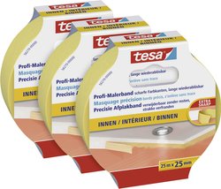 profesjonalna taśma malarska tesa WEWNĄTRZ w paczce 3 - cienka taśma maskująca do niezwykle precyzyjnego maskowania podczas prac malarskich, bezrozpuszczalnikowa - 3 rolki po 25 m każda Taśma malarska tesa  56270  (D x S) 25 m x 25 mm 25 m 3 szt.