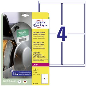 Avery-Zweckform L7915-10 Etykiety foliowe 99.1 x 139 mm Folia polietylenowa biały 40 szt. Trwały Drukarka Laserowa, kolorowa, Drukarka Laserowa, Drukarka z funkcją kopiowania w kolorze, Kopiarka, Drukarka etykiet