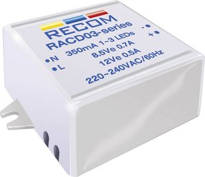 Źródło prądowe LED 3 W 350 mA 12 V/DC  Recom Lighting RACD03-350 Maksymalne napięcie robocze: 264 V/AC