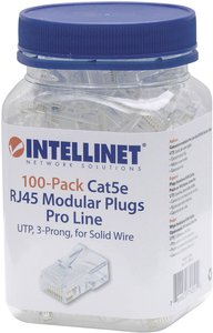 Zestaw Intellinet 100 szt. Cat5e wtyk modułowy RJ45 Pro Line UTP 100-punktowe gniazdo do 50 wtyczek w dzbanki 3 μ pozłacanych stykach Złącze męskie RJ45 Intellinet 790512, CAT 3, CAT 4, CAT 5, CAT 5e, piny:8P8C, 100 szt.