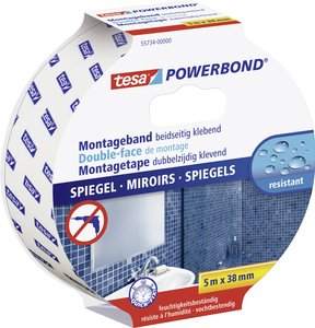 tesa Powerbond® dwustronna taśma samoprzylepna do luster — idealna do mocowania przedmiotów do twardych powierzchni (np. luster łazienkowych), odporna na wilgoć Taśma montażowa tesa tesa® Powerbond 55734-00000-02 MIRROR (D x S) 5 m x 38 mm 5 m 1 szt.