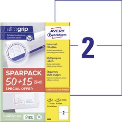 Etykiety uniwersalne, trwałe z Ultragrip, 210 x 148 mm, atramentowe, czarno-białe laserowe, kolorowe laserowe, A4 Avery-Zweckform 6604 210 x 148 mm biały 130 szt.
