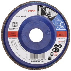 X571 Best for Metal, doskonała trwałość podczas obróbki zgrubnej spoin i szlifowania szorstkich powierzchni. Tarcza lamelkowa Bosch Accessories X571 2608607337 Średnica 115 mm 1 szt.