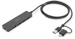 DIGITUS DA-70235 Koncentrator USB 3.0, 4-portowy, slim line, 1,2 m, czarny Hub USB 3.0 Digitus DA-70236 4 porty z wtyczką USB-C czarny