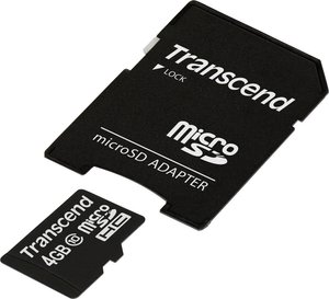 Karta pamięci microSDHC Transcend 4 GB klasa 10 z adapterem SD  Karta pamięci microSDHC Transcend, 4 GB, class 10, adapter SD