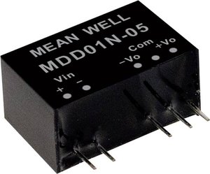 Moduły przetwornicy DC/DC firmy MEANWELL serii MDD01 serii SIP/SIL7 Obudowa Podwójne wyjście Współczynnik napięcia wejściowego: 1:1 Moc: 1W nieregulowany Medyczny Moduł przetwornicy DC/DC Mean Well MDD01N-05 MDD01N-05, 1 W, 100 mA, 1 szt.