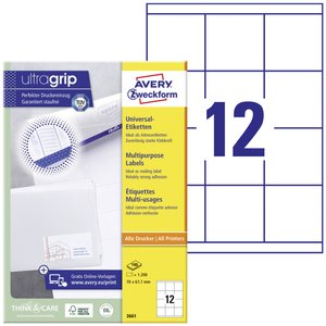 Avery Zweckform 3661 uniwersalne etykiety, trwałe, z Ultragrip, 70 x 67,7 mm, atramentowe, laserowe czarno-białe, kolorowe laserowe, A4 Avery-Zweckform 3661 Etykieta uniwersalna 70 x 67.7 mm Papier biały 1200 szt. Trwały Drukarka Laserowa, kolorowa, Druka