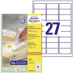 Avery-Zweckform L4737REV-100 Etykieta uniwersalna 63.5 x 29.6 mm Papier biały 2700 szt. Z możliwością usunięcia Drukarka atramentowa, Drukarka Laserowa, Drukarka Laserowa, kolorowa, Kopiarka, Drukarka z funkcją kopiowania w kolorze, Drukarka etykiet