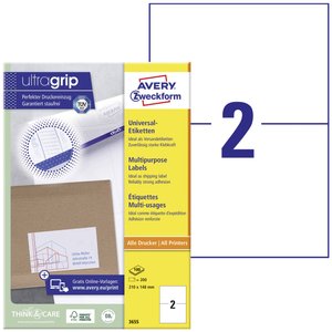 Avery-Zweckform 3655 Etykieta uniwersalna 210 x 148 mm Papier biały 200 szt. Trwały Drukarka atramentowa, Drukarka Laserowa, Drukarka Laserowa, kolorowa, Kopiarka, Drukarka z funkcją kopiowania w kolorze, Drukarka etykiet