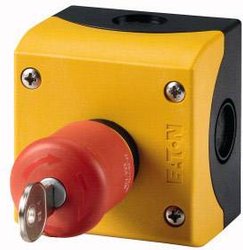 Przycisk ZATRZYMANIA/WYŁĄCZENIA AWARYJNEGO, d = 38 mm, klucz odblokowany, niepodświetlony, 1 zestyk rozwierny, 1 zestyk zwierny, natynkowy Przycisk zatrzymania ON/OFF Eaton M22-PVS/KC11/IY (Ø) 38 mm  1 szt.