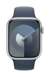Apple Watch Series 9 GPS 45 mm srebrna aluminiowa obudowa z paskiem sportowym w kolorze burzowego błękitu – M/L Apple Watch Series 9 GPS 45 mm Obudowa aluminiowa Opaska sportowa Niebieski Storm M/L