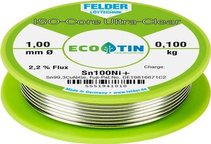 Cyna lutownicza bezołowiowa Felder Löttechnik ISO-Core ''Ultra-Clear'' Sn100Ni+ szpula Sn99,25Cu0,7Ni0,05  0.100 kg 1 mm