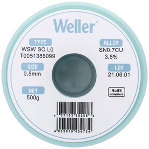 Cyna lutownicza bezołowiowa Weller WSW SC L0 szpula Sn0,7Cu  500 g 0.5 mm