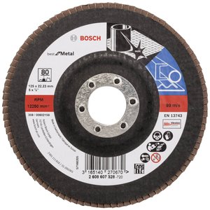 X571 Best for Metal, doskonała trwałość podczas obróbki zgrubnej spoin i szlifowania szorstkich powierzchni. Tarcza lamelkowa Bosch Accessories X571 2608607328 Średnica 125 mm 1 szt.