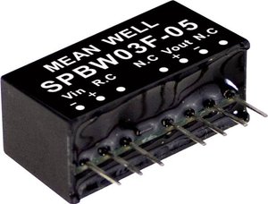 Moduły przetwornicy DC/DC firmy MEANWELL serii SPBW03SIP/SIL8 Obudowa Pojedyncze wyjście Współczynnik napięcia wejściowego: 4:1 Moc: sterowana 3W Moduł przetwornicy DC/DC Mean Well SPBW03F-15 SPBW03F-15, 3 W, 200 mA, 1 szt.