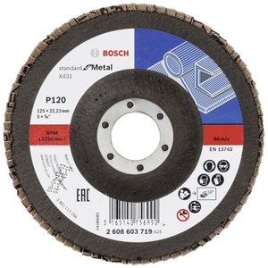 X431 Standard for Metal zapewnia dobre wyniki podczas obróbki zgrubnej krawędzi/spoin i zgrubnie szlifowanych powierzchni Tarcza lamelkowa Bosch Accessories X431 2608603719 Średnica 125 mm 1 szt.