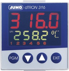 Termostat PID Jumo dTRON 316 Pt100, Pt500, Pt1000, KTY11-6, L, J, U, T, K, E, N, S, R, B, C, D -200 do +2400 °C Przekaźnik 3 A, Analogowe prądowe (D x S x W) 105 x 48 x 48 mm