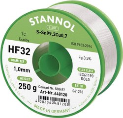 Cyna lutownicza bezołowiowa Stannol HF32 3500 szpula Sn99,3Cu0,7 REL0 250 g 1 mm