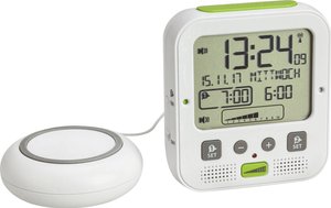 Wysokowydajny radiobudzik na wysięgniku z alarmem wibracyjnym 60.2538.02 Budzik TFA Dostmann BOOM 60.2538.02, biały, zielony