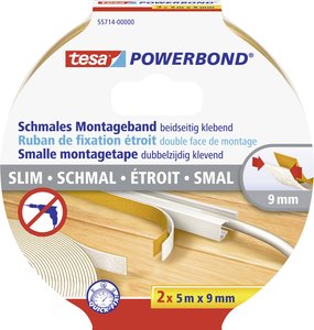 Taśma montażowa tesa Powerbond® - wąska, dwustronnie klejąca, tylko 9 mm szerokości, mocna przyczepność Taśma montażowa tesa tesa® Powerbond 55714-00000-00 SLIM (D x S) 5 m x 9 mm 5 m 2 szt.