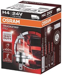 OSRAM TRUCKSTAR® PRO H4, + 120% większa jasność, halogenowa lampa przednia, 64196TSP, 24V lampa do ciężarówki, składane pudełko (1 lampa) Żarówka samochodowa H4 OSRAM Truckstar, P43t, 75/70 W, 24 V, 1 szt.