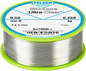Cyna lutownicza bezołowiowa Felder Löttechnik ISO-Core ''Ultra-Clear'' Sn100Ni+ szpula Sn99,25Cu0,7Ni0,05  0.250 kg 0.5 mm