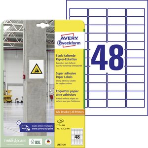 Avery-Zweckform L7873-20 Etykiety samoprzylepne 45.7 x 21.2 mm Papier biały 960 szt. Trwały, Silnie łączący Drukarka atramentowa, Drukarka Laserowa, Drukarka Laserowa, kolorowa, Kopiarka, Drukarka z funkcją kopiowania w kolorze, Drukarka etykiet
