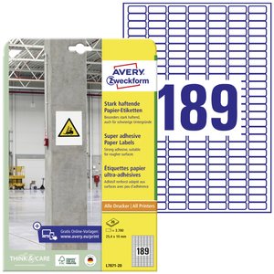 Avery-Zweckform L7871-20 Etykiety samoprzylepne 25.4 x 10 mm Papier biały 3780 szt. Trwały, Silnie łączący Drukarka atramentowa, Drukarka Laserowa, Drukarka Laserowa, kolorowa, Kopiarka, Drukarka z funkcją kopiowania w kolorze, Drukarka etykiet
