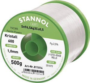 Drut do lutowania miękkiego Stannol Kristall 600 ze stopu Flowtin TSC305 z zawartością topnika 2,5% o średnicy 1,0 mm na szpuli 500g Cyna lutownicza bezołowiowa Stannol Kristall 600 Fairtin bezołowiowa Sn96,5Ag3Cu0,5 REL0 500 g 1 mm