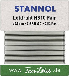 Drut do lutowania miękkiego Stannol HS10 Fair w stopie Flowtin + TC Sn99Cu1 z zawartością topnika 2,5% o średnicy 0,5 mm na karcie uzwojenia 10g Cyna lutownicza bezołowiowa Stannol HS10Fair bezołowiowa Sn99,3Cu0,7 ROM1 10 g 0.5 mm