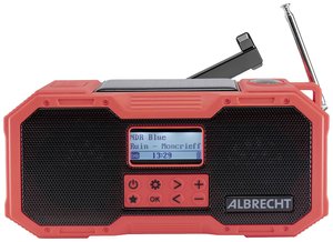 Radio outdoorowe Albrecht DR 112 DAB+, UKW funkcja ładowania akumulatora, korba ręczna, panel słoneczny, ochrona przeciwbryzgowa, wstrząsoodporny, latarka kieszonkowa, wielokrotne ładowanie, funkcja budzika czerwony, czarny