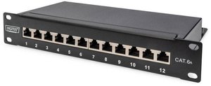 Panel krosowy Digitus CAT 6A, 10'', 12-portowy, ekranowany, 1U, rack, czarny Patchpanel Digitus DN-91612S-EA, 12 Portów, 254 mm (10''), 1 U