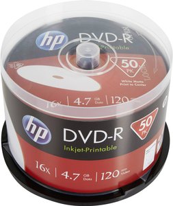 DVD-R 4,7 GB / 120 min / 16x Cakebox (50 płyt), pełnowymiarowa powierzchnia do druku atramentowego DVD-R HP DME00025WIP 50 szt.