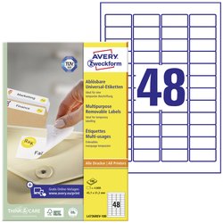 Avery-Zweckform L4736REV-100 Etykieta uniwersalna 45.7 x 21.2 mm Papier biały 4800 szt. Z możliwością usunięcia Drukarka atramentowa, Drukarka Laserowa, Drukarka Laserowa, kolorowa, Kopiarka, Drukarka z funkcją kopiowania w kolorze, Drukarka etykiet