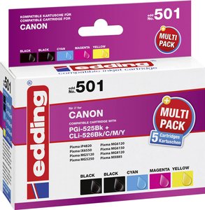 Edding Tusz Zamiennik Canon PGI-525PGBK, CLI-526BK, CLI-526C, CLI-526M, CLI-526Y Czarny, Foto czarny, Cyjan, Magenta, Żółty  atrament Edding EDD-501 EDD-501, 1 zest.