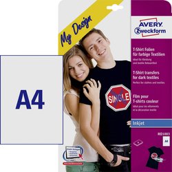 Avery-Zweckform My Design T-Shirt MD1003 Folia do drukarek atramentowych, do tekstu DIN A4 do tkanin farbowanych, Zoptymalizowany do drukarek atramentowych 4 ark.