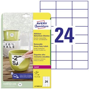 Avery-Zweckform L4718REV-20 Etykiety foliowe 70 x 37 mm Folia poliestrowa biały 480 szt. Z możliwością usunięcia Drukarka Laserowa, kolorowa, Drukarka Laserowa, Drukarka z funkcją kopiowania w kolorze, Kopiarka, Drukarka etykiet
