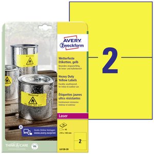 Avery-Zweckform L6130-20 Etykiety foliowe 210 x 148 mm Folia poliestrowa żółty 40 szt. Trwały Drukarka Laserowa, kolorowa, Drukarka Laserowa, Drukarka z funkcją kopiowania w kolorze, Kopiarka, Drukarka etykiet