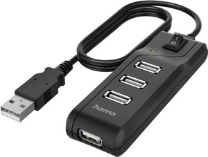 Hama hub USB, 4 porty, USB 2.0, 480 Mbit/s, włącznik/wyłącznik Hub USB 2.0 Hama  4 Porty  czarny