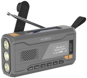 Radiotelefon alarmowy Reflexion TRA562DAB DAB, UKW korba ręczna, Funkcja powerbanku, latarka kieszonkowa, wielokrotne ładowanie, panel słoneczny, ochrona przeciwbryzgowa szary