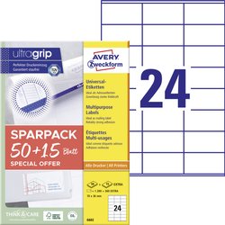 Etykiety uniwersalne, trwałe z Ultragrip, 70 x 36 mm, atramentowe, czarno-białe laserowe, kolorowe laserowe, A4 Avery-Zweckform 6602 70 x 36 mm biały 1560 szt.