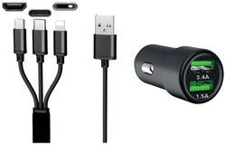 Podwójna ładowarka samochodowa USB 3W1 12/24V/3,4A IWH 19061 Obciążalność prądu maks.: 3.4 A 12/24 V