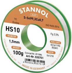 Cyna lutownicza bezołowiowa Stannol HS10 2510 szpula Sn99,3Cu0,7 ROM1 100 g 1.5 mm