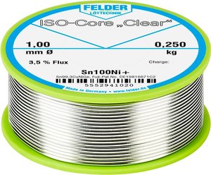Cyna lutownicza bezołowiowa Felder Löttechnik ISO-Core ''Clear'' Sn100Ni+ szpula Sn99,25Cu0,7Ni0,05  0.250 kg 1 mm